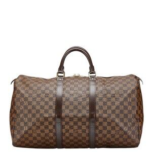 Louis Vuitton Damier Ebene Brown Keepall Boston Travel Bag Brown Leather